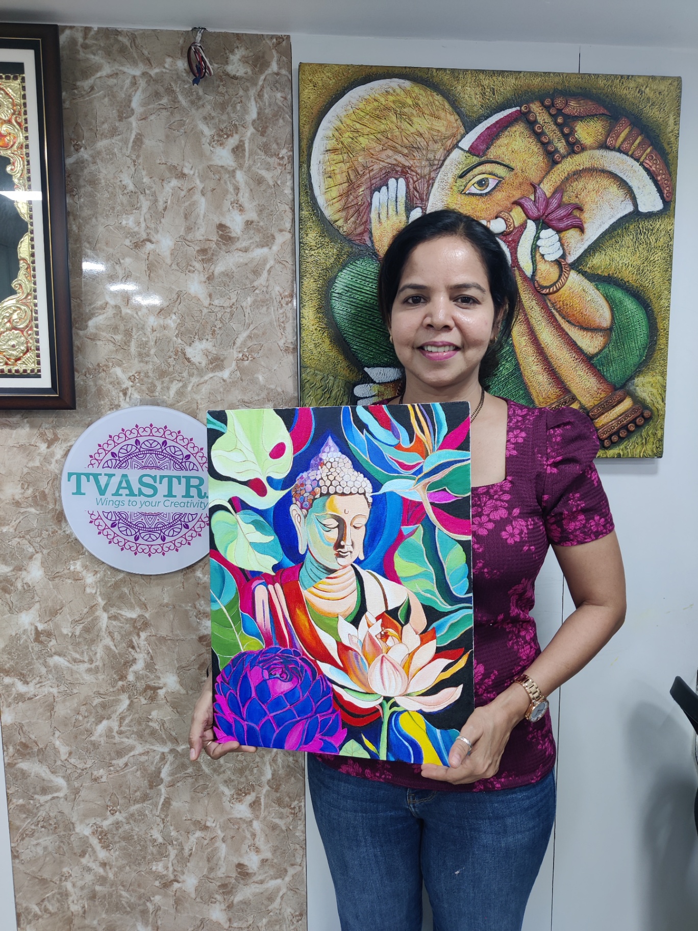 Vibrant Buddha and lotus canvas painting with tropical leaves