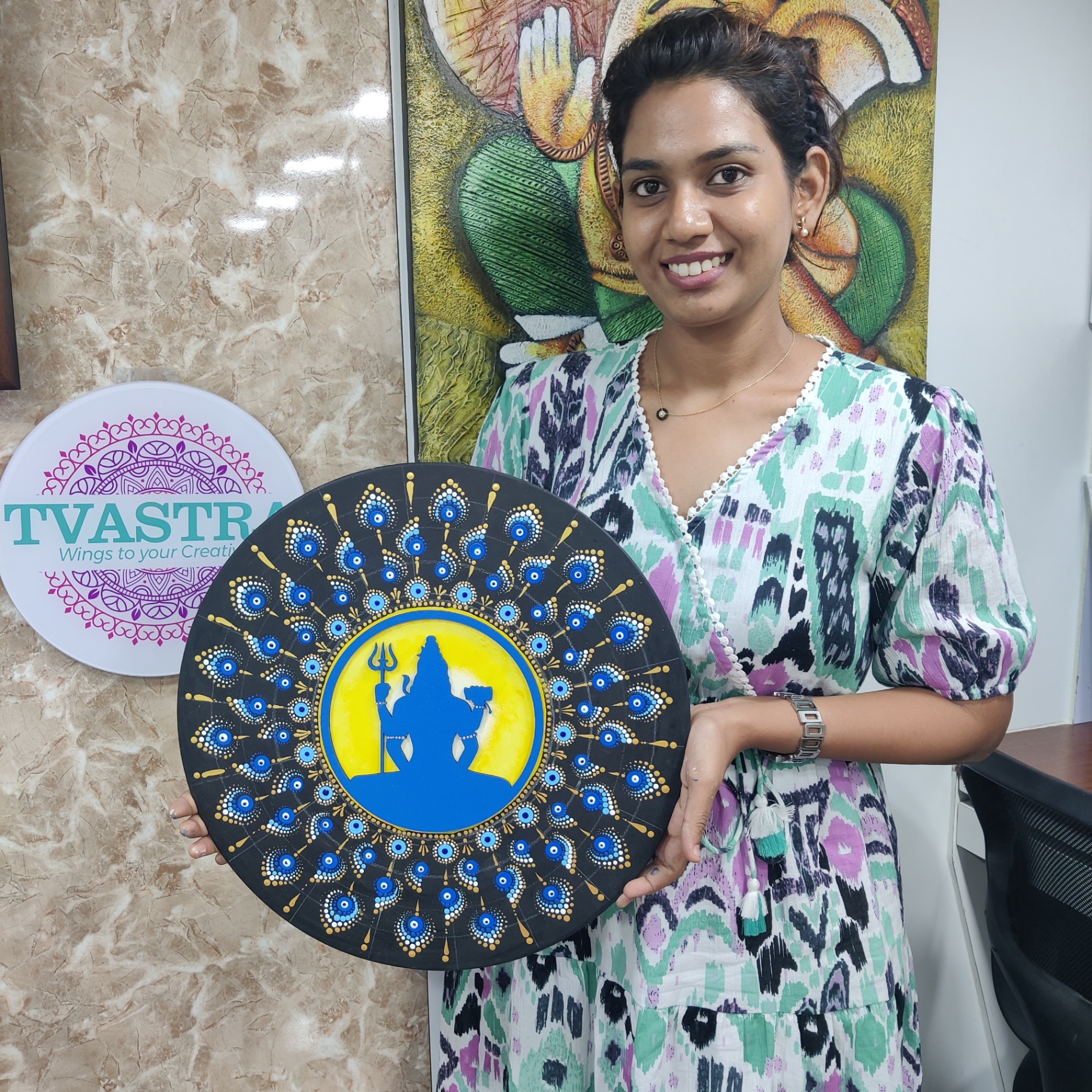 Shiva silhouette mandala in blue and gold