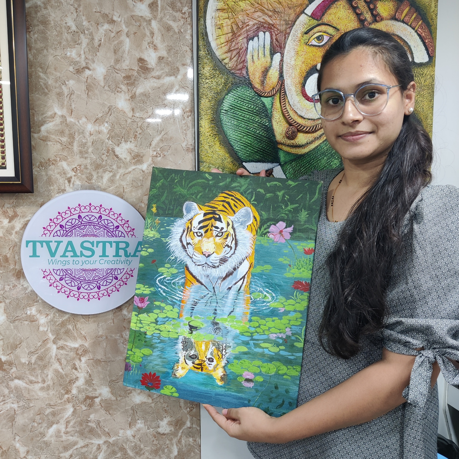 Tiger wading through lily pond with reflection canvas painting